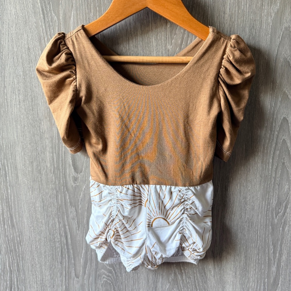 Kotan&Co Bamboo Romper Baby 12-18M Brown Boho Sunburst Puff Sleeve Bubblesuit‎
